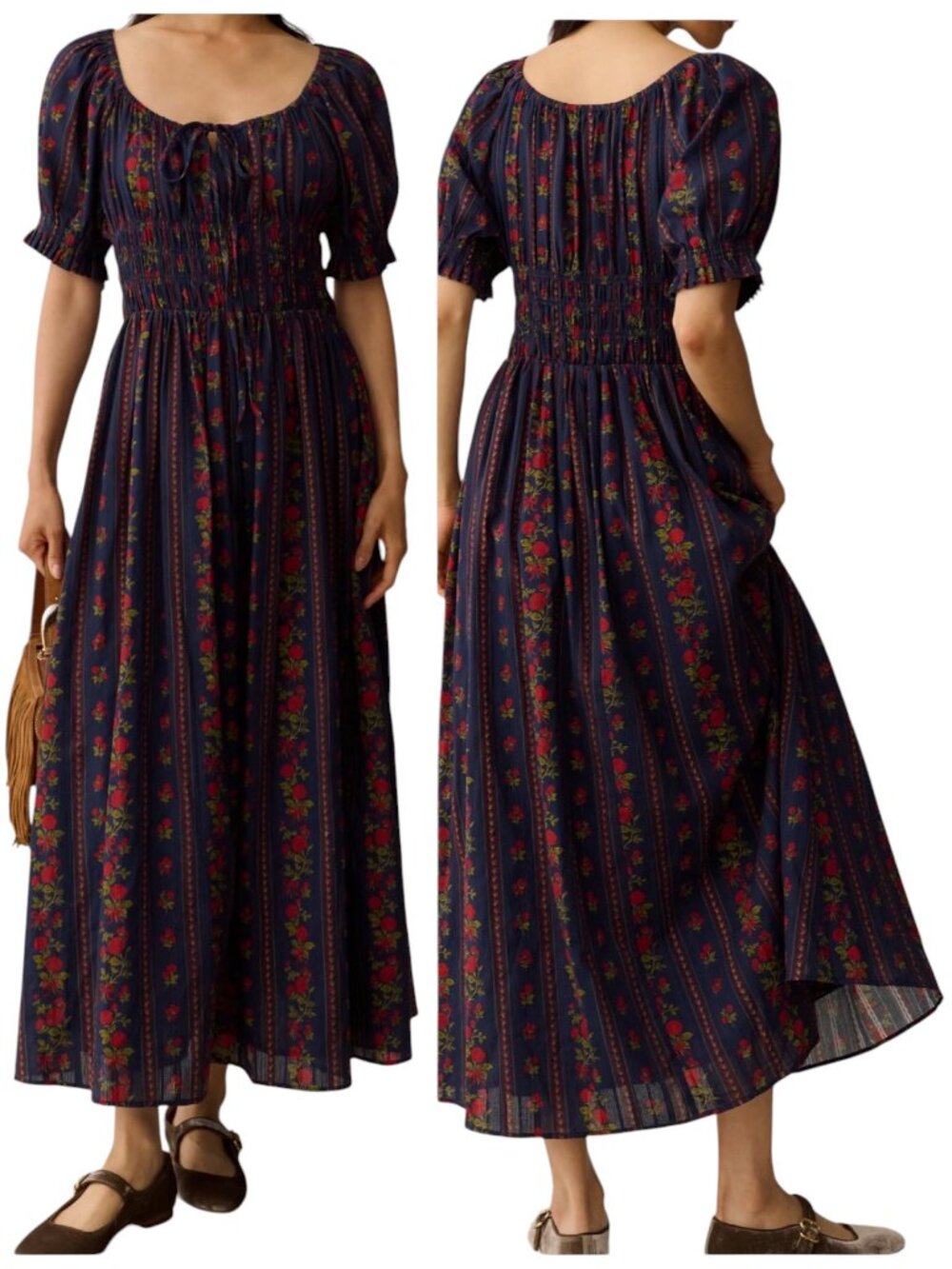 Sorella Fenella Cotton Maxi Dress Navy Red Floral Smocked L NWT